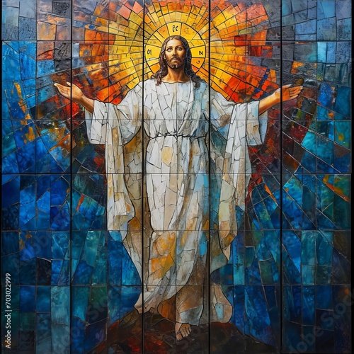 A Majestic Portrait of Jesus on a Stained Glass Wall