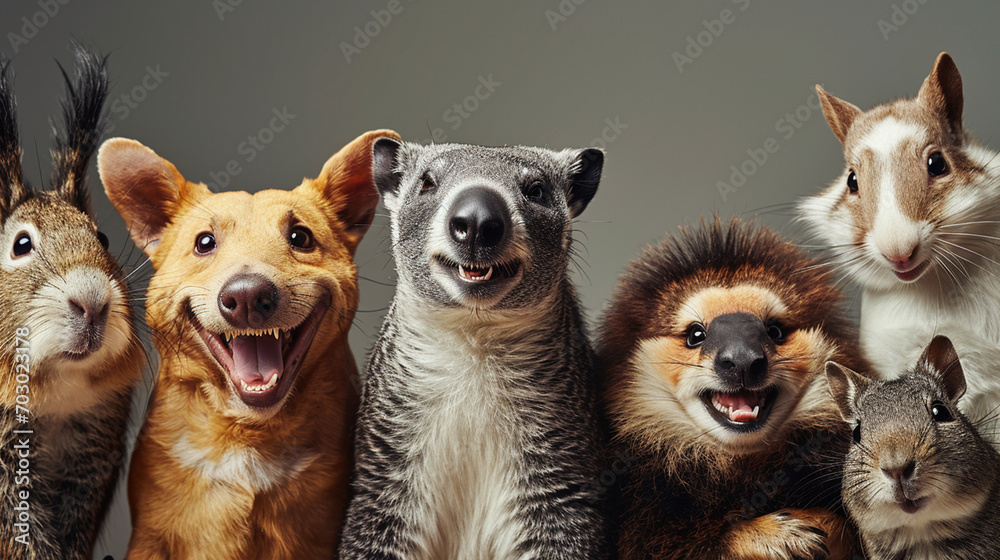 沢山の笑顔で笑っている動物の集合写真(背景無し,様々な種類)