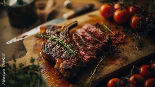 A steak is cut and garnished.