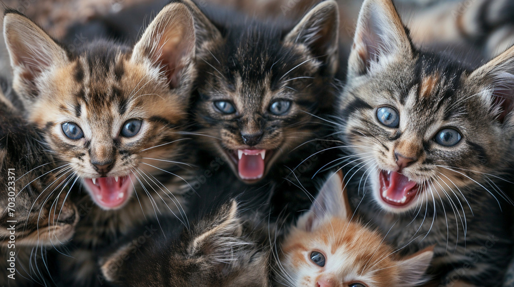沢山の笑顔で笑っている子猫の集合写真(背景無し,顔アップ) 沢山の笑顔で笑っている子猫の集合写真(背景無し,顔アップ)