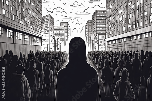 Concept illustration of myself in the crowd. Concept of the loneliness of living in the city, mental and stress and relationship problems. Cartoon-style line art illustration.