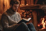 Male model in a cozy sweater reading a book by a fireplace