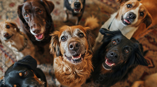 沢山の笑顔で笑っている犬の集合写真(背景無し,顔アップ,様々な種類)