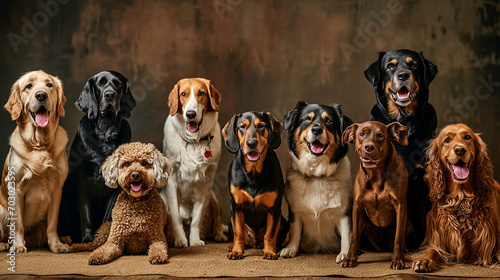 沢山の笑顔で笑っている犬の集合写真(背景無し,様々な種類)