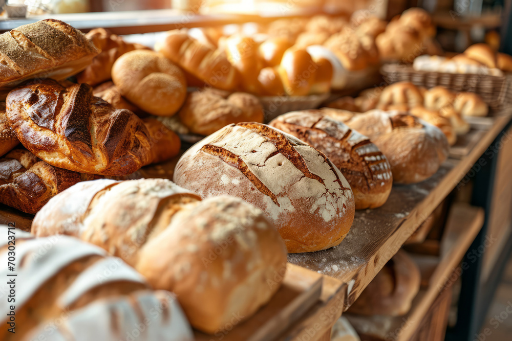 Loaf of fresh baked bread on a shelf. Loaves of bread market showcase. Generative AI