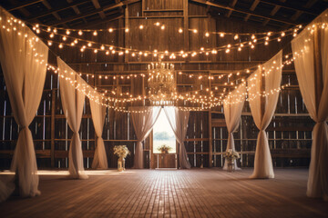 Indoor barn wedding with string lighting to celebrate marriage in a rustic setting. Generative AI