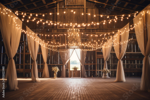 Indoor barn wedding with string lighting to celebrate marriage in a rustic setting. Generative AI photo