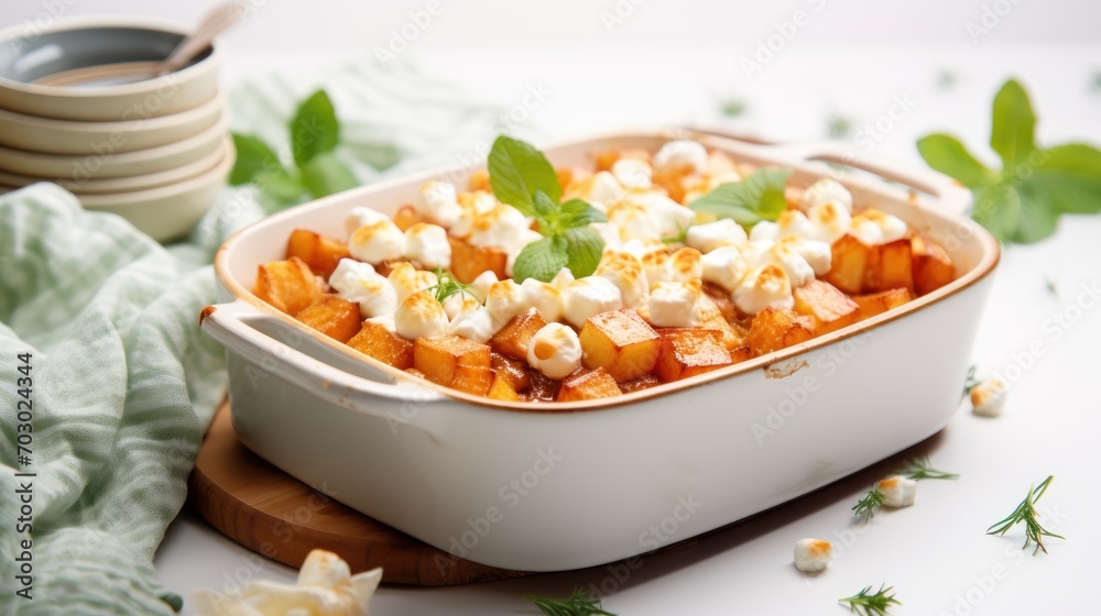 a dish of food sitting on top of a wooden cutting board next to a stack of plates and napkins. a dish of food sitting on top of a wooden cutting board next to a stack of plates and napkins.