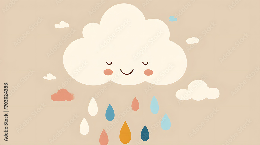 A cute print of a cute smiling cloud with little colourful rain drops

