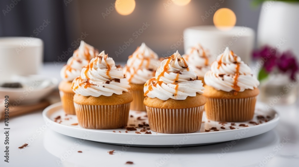  a close up of a plate of cupcakes with frosting and sprinkles on a table.