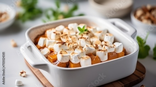  a casserole dish with marshmallows in it on a cutting board with other dishes in the background.