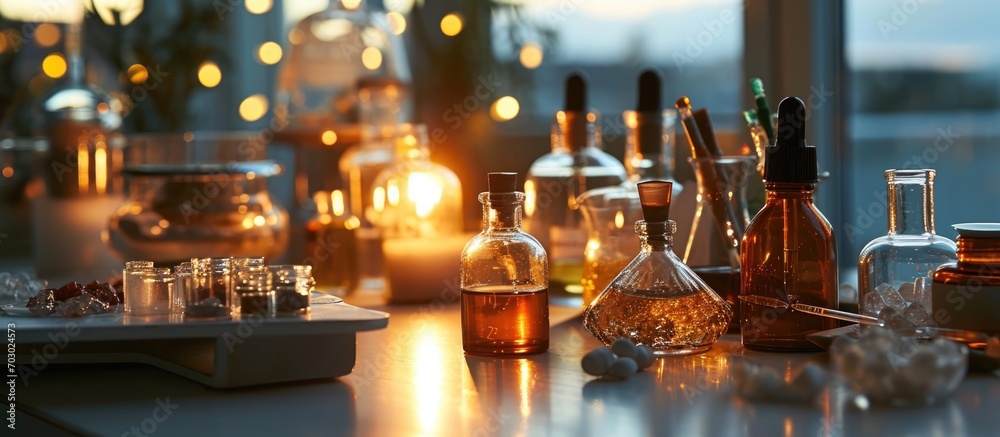 Beauty care chemicals on laboratory table. Beauty care chemicals on laboratory table.