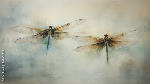  a painting of two dragonflies flying over a body of water in a foggy, foggy, and foggy sky.
