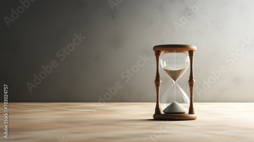  an hourglass on a wooden table with a gray wall in the back ground and a white wall in the background.