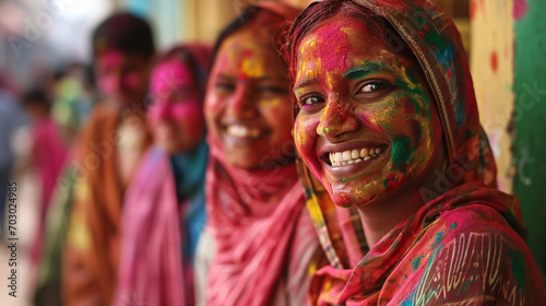 copy space, stockphoto,high detailed photo, Group of smiling indian people portrait, colored smiling indian faces with vibrant colors during the celebration of the holi festival in India. Multi-color.