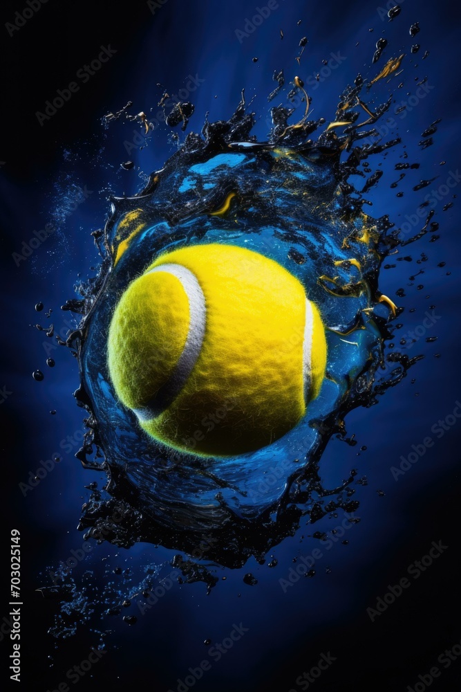 A vibrant blue tennis ball splashed by water in a captivating low-angle shot, with luminous brushstrokes creating a dynamic motion effect. Generative AI.