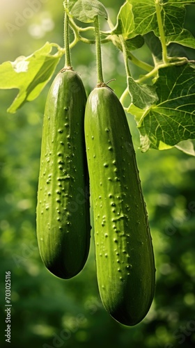 Two fresh cucumbers hanging from a tree with vibrant green leaves. Generative AI.