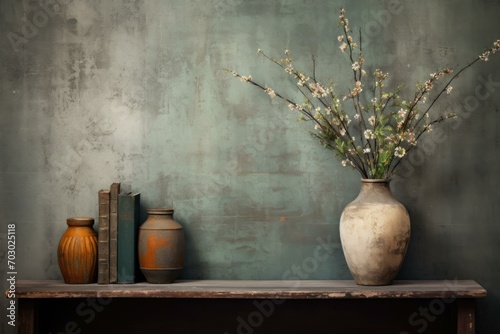 A rustic wooden table adorned with a vase of flowers and books. Generative AI.