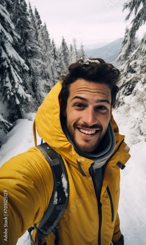 A young man captures a snow-filled selfie, radiating joy and adventure in the mountains. Generative AI.