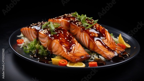  a close up of a plate of food with salmon on rice and broccoli and carrots on the side.