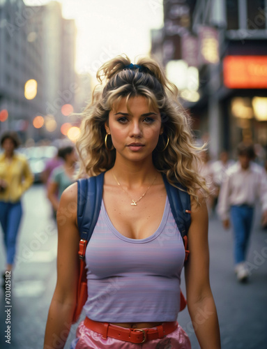 Foto retro de una chica vestida con ropa deportiva de los a  os ochenta paseando por la ciudad