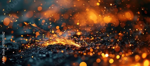 Fiery sparks flying in darkness. Abstract magical wallpaper. photo