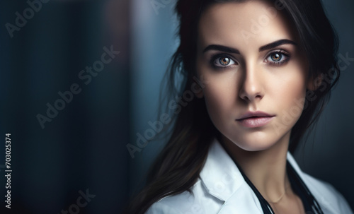 Confident Young Female Medical Professional in Hospital Setting, Healthcare Worker, Expert Doctor, Hospital Environment. Copy space. Generative AI.