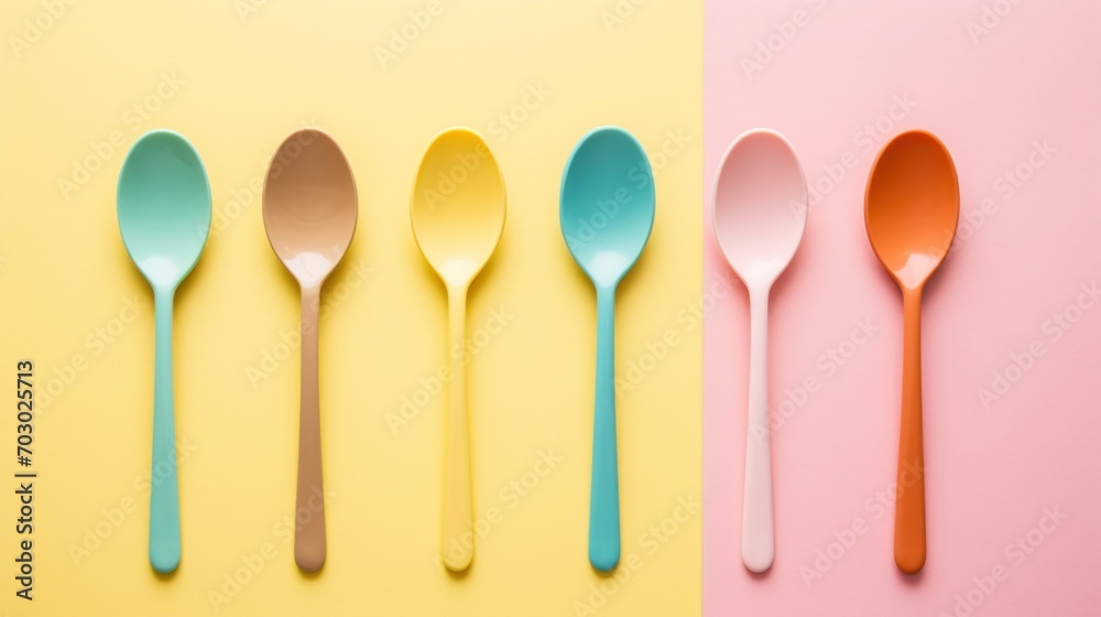 a group of spoons sitting next to each other on top of a pink and yellow surface with a pink and yellow background. a group of spoons sitting next to each other on top of a pink and yellow surface with a pink and yellow background.