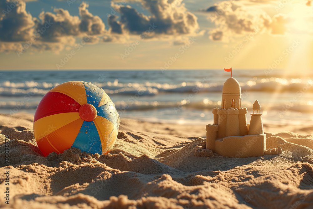 Beach ball lies on the sand next to a sand castle - obrazy, fototapety, plakaty 