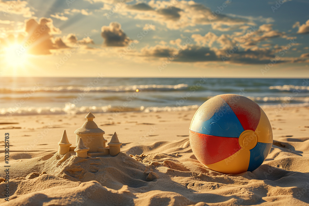 Obraz premium Beach ball lies on the sand next to a sand castle