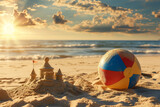 Beach ball lies on the sand next to a sand castle