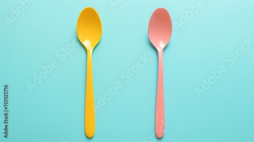  a couple of spoons sitting next to each other on top of a blue surface next to a yellow spoon.