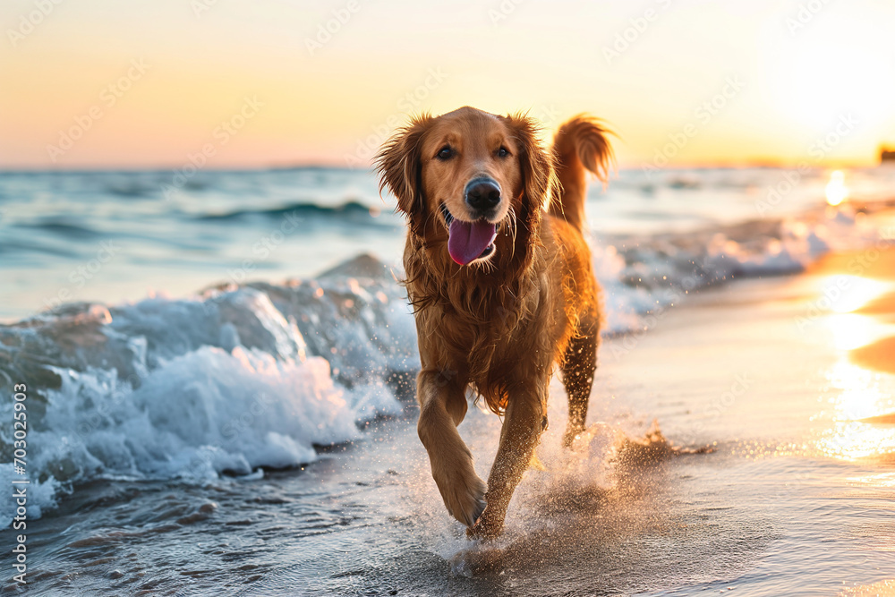 Dog runs along the sea coast playing with the waves