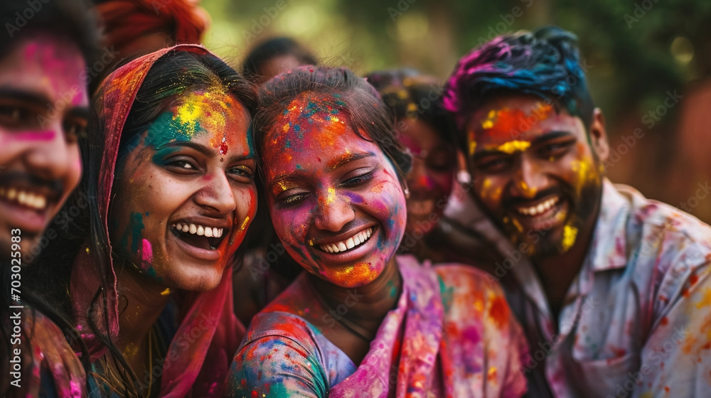 copy space, stockphoto, candid photo of a Group of smiling indian man and woman portrait, colored smiling indian faces with vibrant colors during the celebration of the holi festival in India. Group o