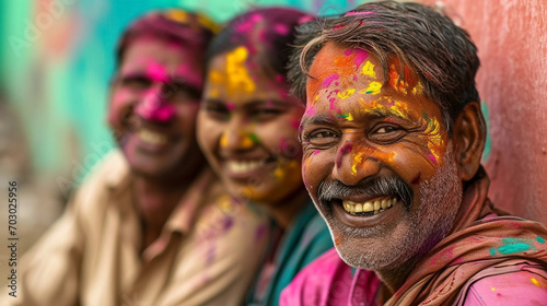 copy space, stockphoto, candid photo of a Group of smiling indian man and woman portrait, colored smiling indian faces with vibrant colors during the celebration of the holi festival in India. Group o © Dirk