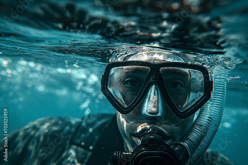 Guy in a diving mask with a breathing tube underwater photo