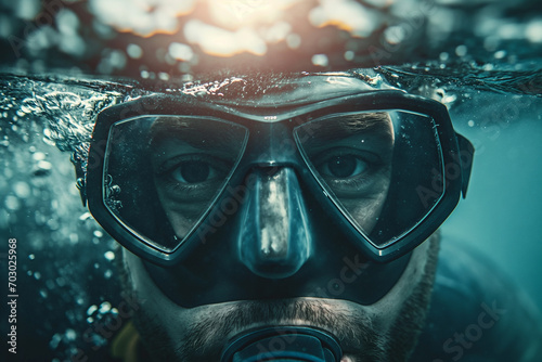 Guy in a diving mask with a breathing tube underwater
