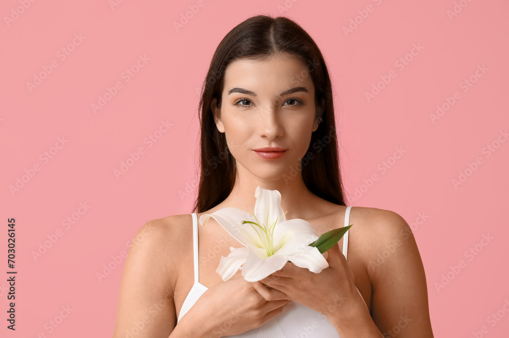 Beautiful young woman with white lily flower on pink background, closeup Beautiful young woman with white lily flower on pink background, closeup