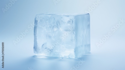  a block of ice sitting on top of a light blue table next to a glass of water with ice on top of it. © Olga