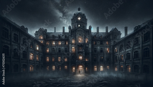An eerie, abandoned psychiatric hospital at night, characterized by its decaying, desolate architecture. photo