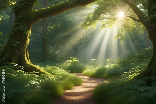 Peaceful forest glade bathed in dappled sunlight.