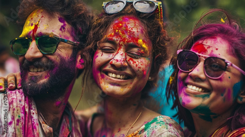copy space, stockphoto, candid photo of a Group of smiling indian man and woman portrait, different ages, colored smiling indian faces with vibrant colors during the celebration of the holi festival i