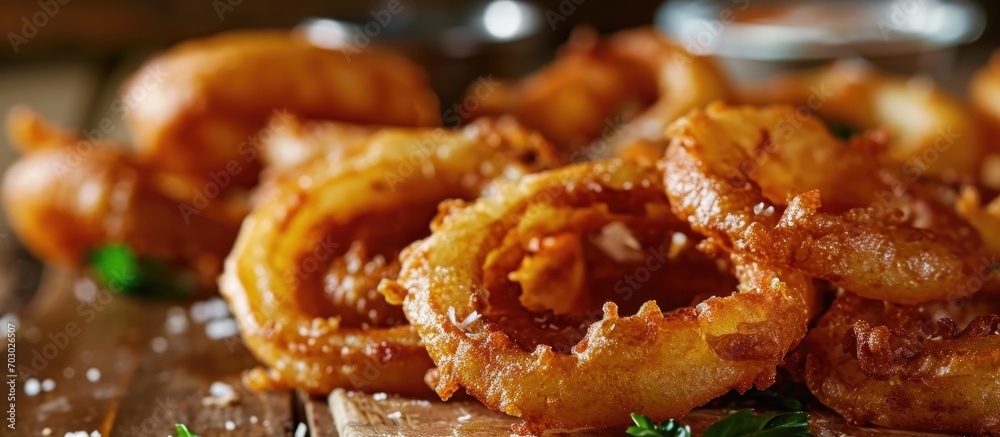 Deep-fried beer batter onion rings with a blurry background. Deep-fried beer batter onion rings with a blurry background.