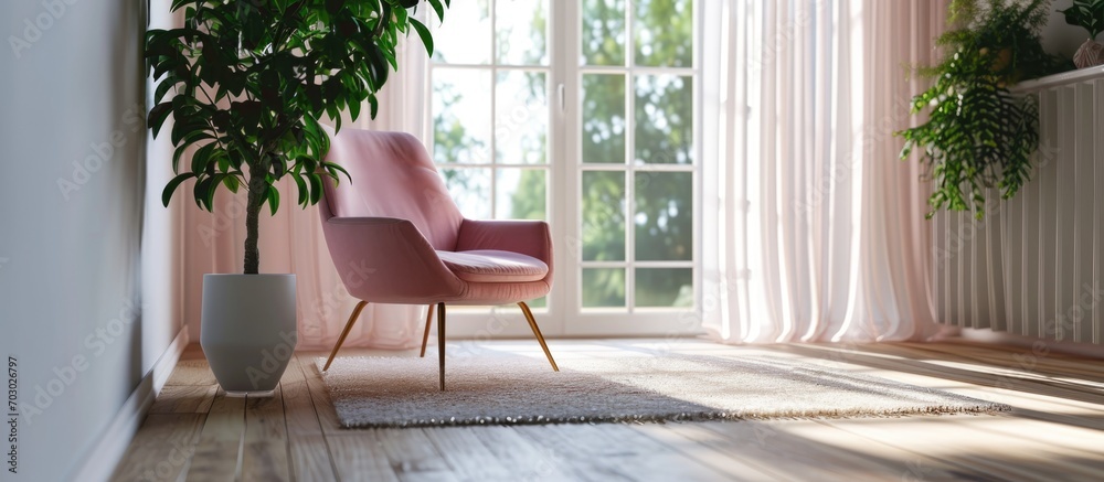 Fototapeta premium Empty, spacious room with a pink chair and rug.