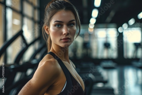 Sporty fashion model in athletic wear, gym setting