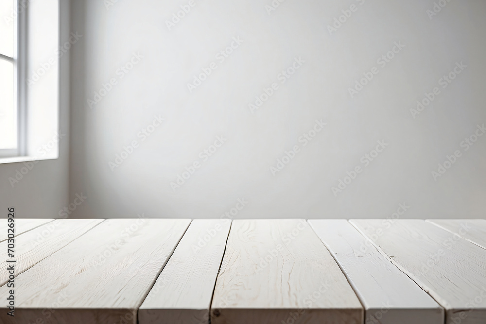 Fototapeta premium Empty white table with a blurred background and copy space