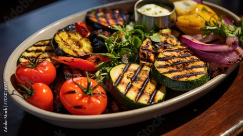  a close up of a plate of food with grilled vegetables and a side of sauce on a wooden table.