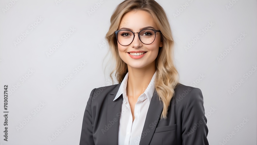 Isolated Background, Smiling Happy Woman Wearing Suit and Glasses, Studio Shot, Copy Space Isolated Background, Smiling Happy Woman Wearing Suit and Glasses, Studio Shot, Copy Space