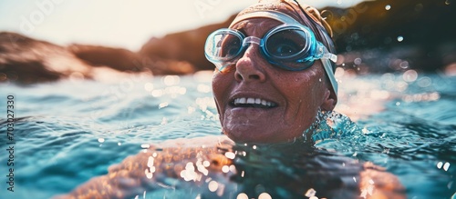 Active and happy middle-aged woman enjoying swimming with a swim cap and goggles, embracing a healthy lifestyle through sports. © TheWaterMeloonProjec