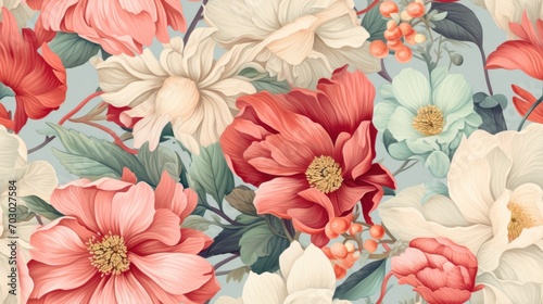  a bunch of flowers that are on top of a blue surface with red, white and pink flowers on it.